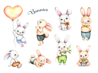 Obraz na płótnie Canvas Watercolor collection of cute cartoon rabbits. Funny animal characters. Hand drawn illustrations isolated on white background. Holiday easter design elements for cards, invites, scrapbooking.