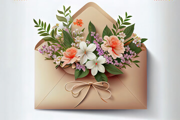 Spring bouquet of peony and tulip flowers in watercolor style in an envelope. Generative Ai