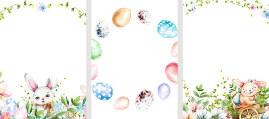Watercolor set of frame designs with cute cartoon rabbits, spring flowers and greenery, Easter eggs. Hand drawn illustrations. Holiday template for cards, invitations, posters.