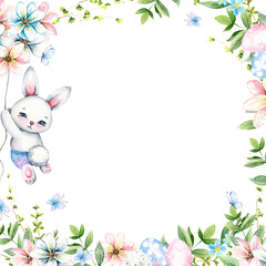 Watercolor square frame with cute cartoon rabbit, spring flowers and greenery, Easter eggs, butterflies. Hand drawn illustrations. Holiday design for cards, invitations, scrapbooking.