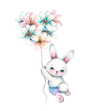 Cute watercolor rabbit flying on a flower balloon.  Funny cartoon character. Hand drawn illustration. Spring easter composition . Holiday design for cards, invites, scrapbooking.