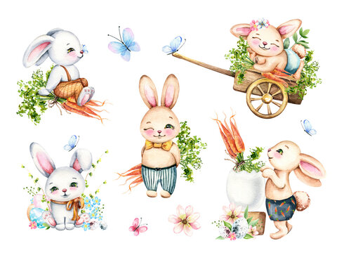 Watercolor easter hand drawn illustrations. Spring compositions with cute cartoon rabbits, carrots, spring flowers, greenery, butterflies isolated on white background. Holiday design for cards