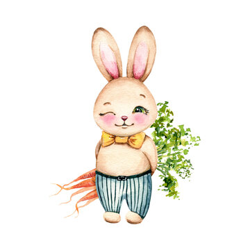 Cute watercolor rabbit with a bunch of carrots.  Funny cartoon character. Hand drawn illustration. Spring easter composition . Holiday design for cards, invites, scrapbooking.