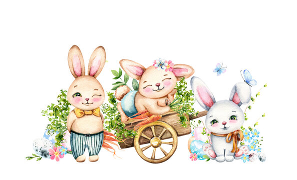 Watercolor easter hand drawn illustration. Spring composition with cute cartoon rabbits, carrots, flowers, greenery, garden wheelbarrow, butterflies isolated on white background. Holiday design 