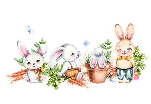 Watercolor easter hand drawn illustration. Spring composition with cute cartoon rabbits, carrots, flowers, greenery, butterflies. Holiday design for cards, invites, scrapbooking.