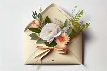 Realistic white tulips in the envelope and martisor, hello spring, womens day, 8 march, beautiful flowers. Generative Ai