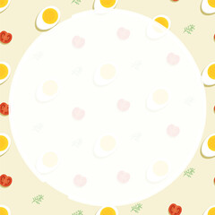 Round frame on background of geometric seamless pattern with boiled egg, tomato and dill. Healthy breakfast. Ornament for social network page decoration. Design element. Vector