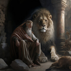 Biblical Daniel prophet in lion's den, old testament illustration, Generative AI - obrazy, fototapety, plakaty
