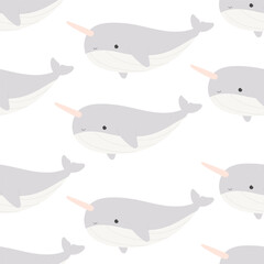 Seamless pattern with cartoon narwhal, decor elements. Colorful vector flat for kids. hand drawing. baby design for fabric, print, wrapper, textile