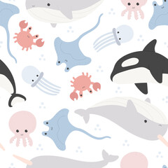 undersea seamless pattern with cartoon sea animals. Colorful vector flat for kids. hand drawing. baby design for fabric, print, wrapper, text © Ann1988