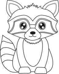 Cute Raccoon cartoon. Black and white lines. Coloring page for kids. Activity Book.