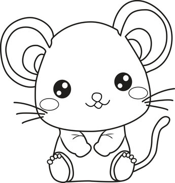 Cute Rat cartoon. Black and white lines. Coloring page for kids. Activity Book.