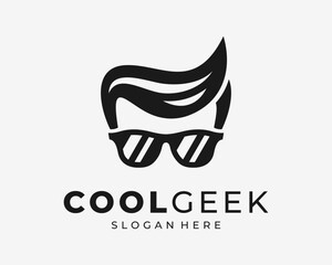 Geek Nerd Man Boy Head Face Portrait Silhouette Stylish Cool Glasses Sunglasses Vector Logo Design - obrazy, fototapety, plakaty