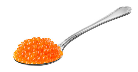 Red caviar in the silver spoon isolated.  PNG transparency	