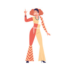 Fashion girl in 80s retro style. Happy woman wearing 1980s apparel, outfit. Funky stylish female dancing in accessories, clothes of eighties. Flat vector illustration isolated on white background