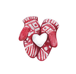 Watercolor illustration with red mittens with a pattern and a snowball in the shape of a heart