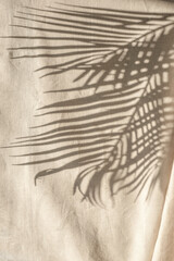 Tropical palm leaves sunlight shadows on neutral beige cloth. Aesthetic minimalist floral background. Copy space