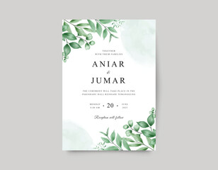 Wedding card with minimalistic green leaves
