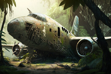 old plane wreck on the jungle, generative ai