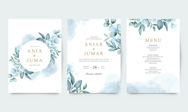 Set of wedding invitations with elegant blue flowers and leaves