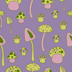 Seamless pattern with mushrooms in bright neon green and pink colors in hippie style.