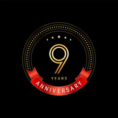 9th Anniversary. Anniversary logo design with golden number and red ribbon. Logo Vector Template