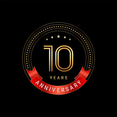 Fototapeta na wymiar 10th Anniversary. Anniversary logo design with golden number and red ribbon. Logo Vector Template