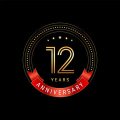 12th Anniversary. Anniversary logo design with golden number and red ribbon. Logo Vector Template