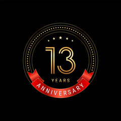 13th Anniversary. Anniversary logo design with golden number and red ribbon. Logo Vector Template