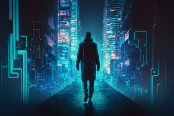 person in the night city, virtual world, cyber world
