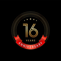 16th Anniversary. Anniversary logo design with golden number and red ribbon. Logo Vector Template