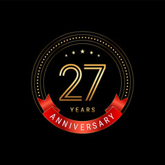 27th Anniversary. Anniversary logo design with golden number and red ribbon. Logo Vector Template