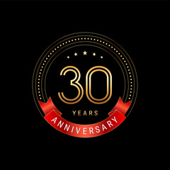 Fototapeta na wymiar 30th Anniversary. Anniversary logo design with golden number and red ribbon. Logo Vector Template