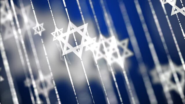 White hexagonal Star of David symbols on a blue background. National symbol of the state. Blurred animation in the traditional colors of Israel.