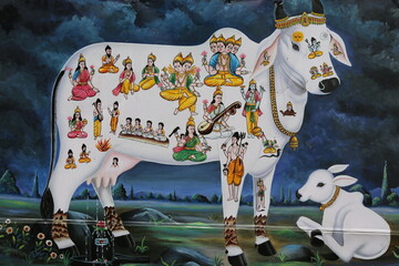 Hindu painting. Sacred cow and calf. India.
