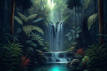 Fototapeta na wymiar Waterfall forest nature tropical background. Jungle wallpaper. Generative ai.