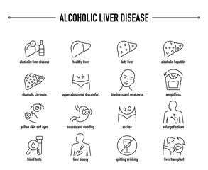 Alcoholic Liver Disease symptoms, diagnostic and treatment vector icon set. Line editable medical icons.