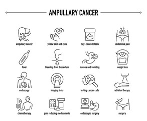 Ampullary Cancer symptoms, diagnostic and treatment vector icon set. Line editable medical icons.