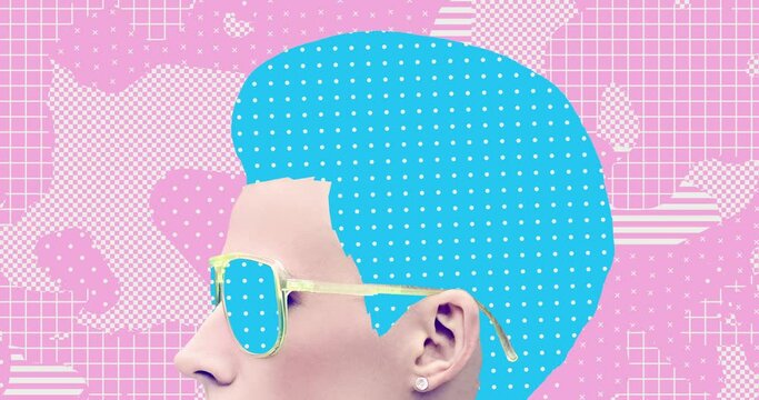 Modern loop collage animation. Stylish woman head and creative texture mix
