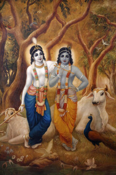 Painting depicting Hindu god Krishna standing next to his brother Balaram. India.