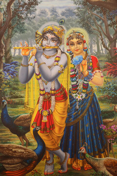 Painting depicting Hindu god Krishna with Radha. India.