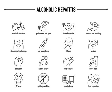 Alcoholic Hepatitis symptoms, diagnostic and treatment vector icon set. Line editable medical icons.