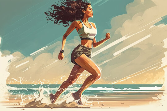 Young woman scantily clad jogging on the beach as a digital illustration (Generative AI)