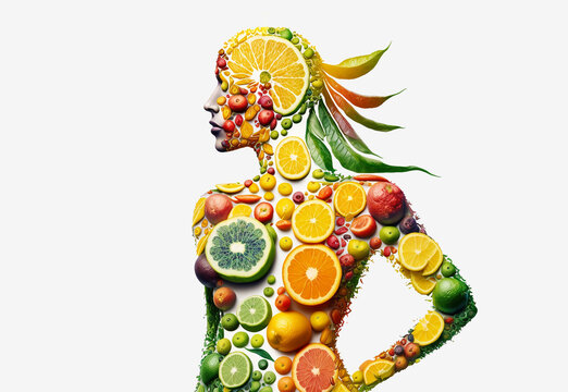Woman made out of fruits on white background. Generative Ai
