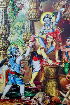 Painting depicting Hindu god Krishnaas a child playing with his brothers. India.