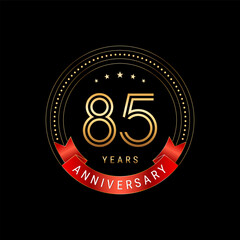 85th Anniversary. Anniversary logo design with golden number and red ribbon. Logo Vector Template