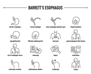 Barrett's Esophagus symptoms, diagnostic and treatment vector icon set. Line editable medical icons.