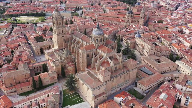 Scenic aerial view of Salamanca historic district overlooking impressive gothic building of New Cathedral towering over residential buildings with terracotta tiled roofs in spring, Spain