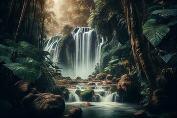Waterfall forest nature tropical background. Jungle wallpaper. Generative ai.