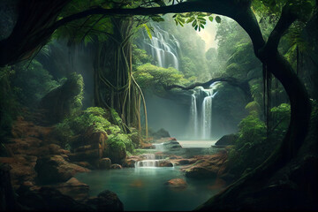 Waterfall forest nature tropical background. Jungle wallpaper. Generative ai.